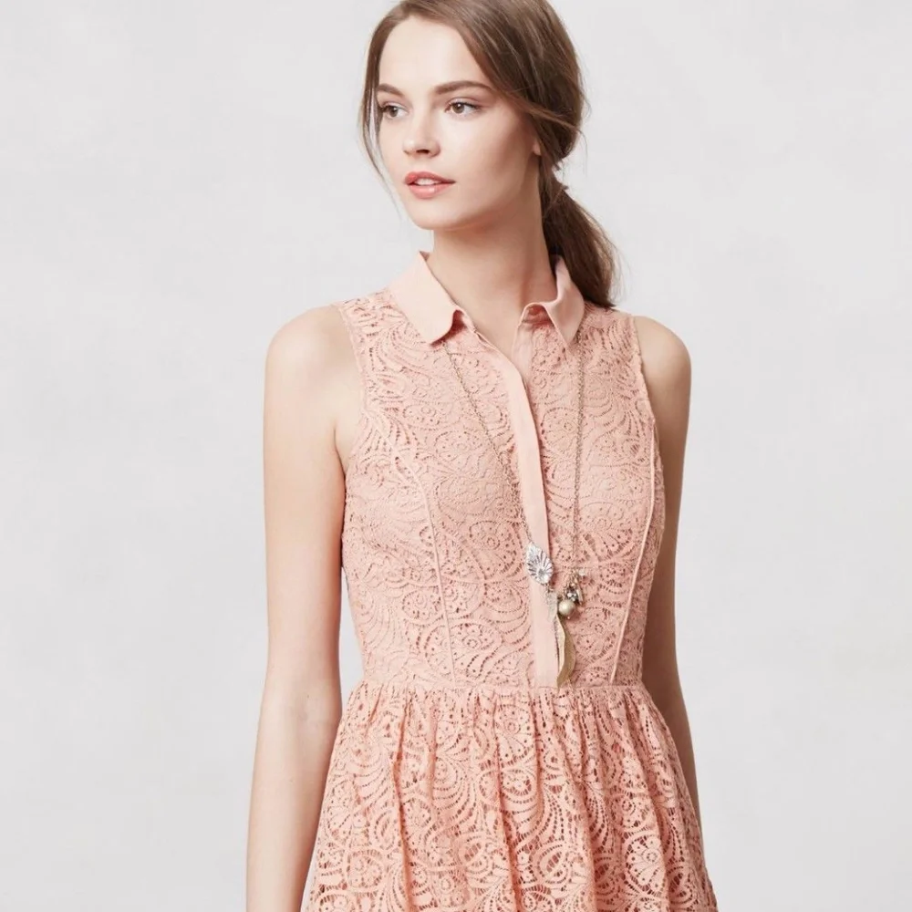 Anthropologie Tiered Lace Shirtdress Nude Pink Cocktail Party Dress, Size M - Picture 1 of 4